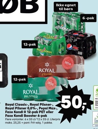 Kvickly Royal classic-, royal pilsner-, royal pilsner 0,0%-, pepsi max-, faxe kondi 0 12-pak pet eller faxe kondi booster 6-pak tilbud