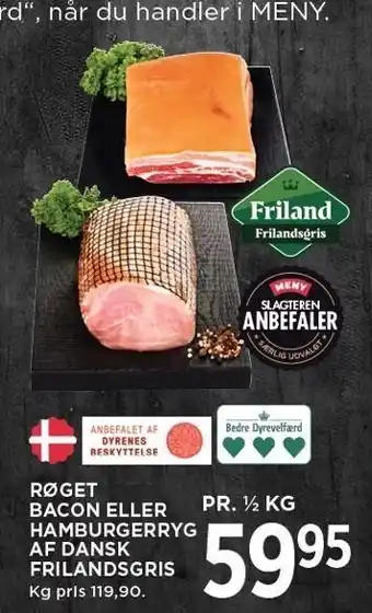 MENY Røget bacon eller hamburgerryg 1/2 kg tilbud