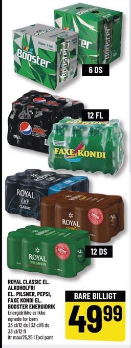 Løvbjerg ROYAL CLASSIC EL. ALKOHOLFRI EL. PILSNER, PEPSI, FAXE KONDI EL. BOOSTER ENERGIDRIK tilbud