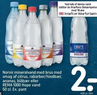 REMA 1000 Nornir mineralvand med brus med smag af citrus, rabarber/hindbær, ananas, blåbær eller rema 1000 hope vand tilbud
