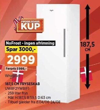 Power Whirlpool 187,5 cm fryseskab tilbud