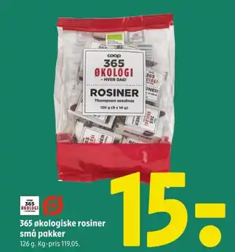 Coop 365 365 økologiske rosiner små pakker 126 g. tilbud