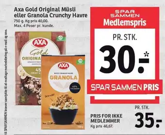 SPAR Axa Gold Original Müsli eller Granola Crunchy Havre tilbud