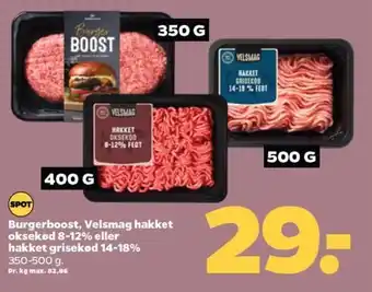 Netto Burgerboost, Velsmag hakket oksekød 8-12% eller hakket grisekød 14-18% 350-500 g. tilbud