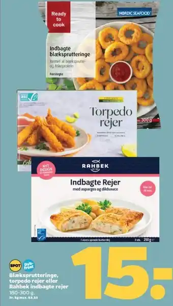 Netto Blæksprutteringe, torpedo rejer eller Rahbek indbagte rejer 180-300 g. tilbud