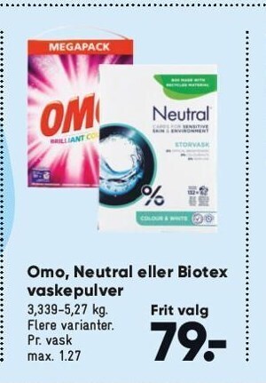 Bilka Omo, neutral eller biotex vaskepulver tilbud