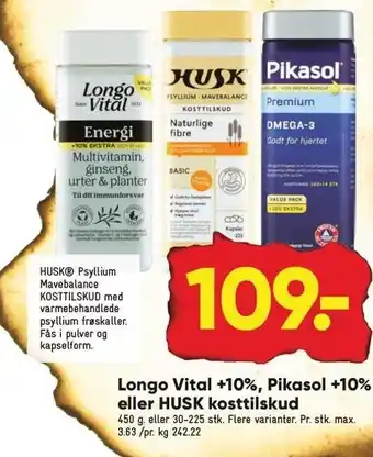 Bilka Longo vital +10%, pikasol +10% eller husk kosttilskud tilbud