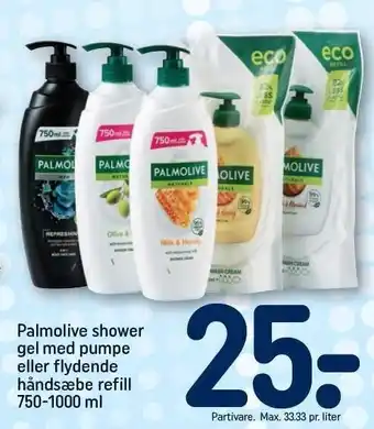 REMA 1000 Palmolive shower gel med pumpe eller flydende håndsæbe refil 750-1000 ml tilbud