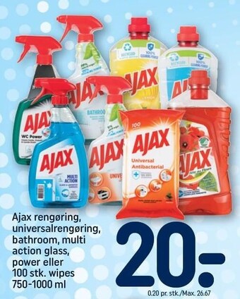 Ajax rengøring, universalrengøring, bathroom, multi action glass, power eller 100 stk. wipes 750-1000 ml