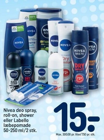 Nivea deo spray, roll-on, shower eller labello læbepromade 50-250 ml/2stk