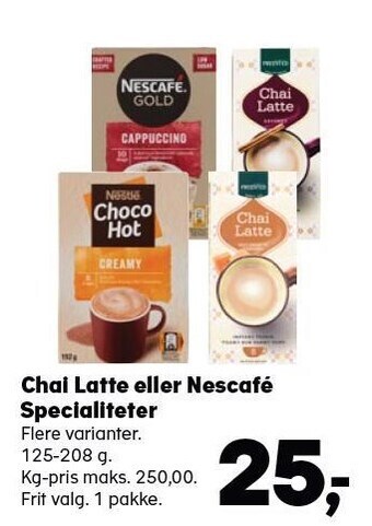 Kvickly Chai latte eller nescafé specialiteter tilbud