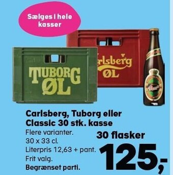 Kvickly Carlsberg, tuborg eller classic 30 stk. kasse tilbud