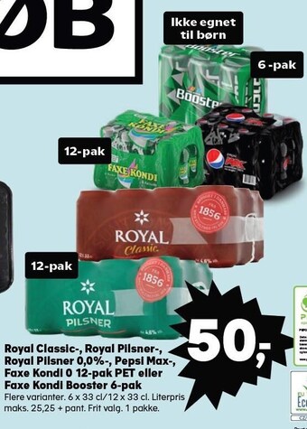 Kvickly Royal classic-, royal pilsner-, royal pilsner 0,0%, pepsi max-, faxe kondi 0 12-pak pet eller faxe kondi booster 6-pak tilbud