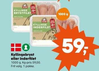 SuperBrugsen Kyllingebryst eller inderfilet 1000 g. tilbud