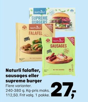 SuperBrugsen Naturli falafler, sausages eller supreme burger tilbud