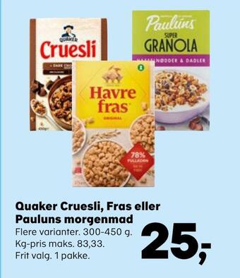 SuperBrugsen Quaker cruesli, fras eller pauluns morgenmad tilbud