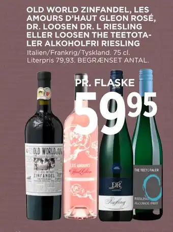 MENY Old world zinfandel, les amours d'haut gleon rosé, dr. loosen dr. l riesling eller loosen the teetotaler alkoholfri riesling tilbud