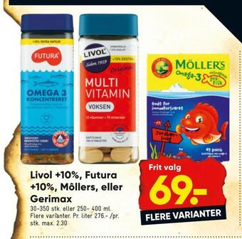 Bilka Livol +10%, futura +10%, môllers, eller gerimax tilbud