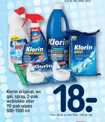 REMA 1000 Klorin original, wc gel, spray, 2-pak wcblokke eller 90-pak wipes tilbud