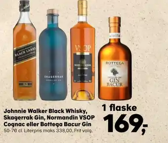SuperBrugsen Johnnie Walker Black Whisky, Skagerrak Gin, Normandin VSOP Cognac eller Bottega Bacur Gin 50-70 cl. tilbud