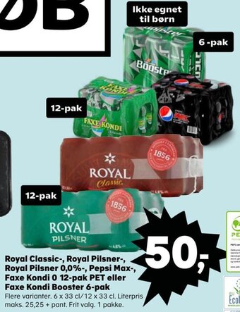 SuperBrugsen Royal Classic-, Royal Pilsner-, Royal Pilsner 0,0%-, Pepsi Max-, Faxe Kondi 0 12-pak PET eller Faxe Kondi Booster 6-pak tilbud