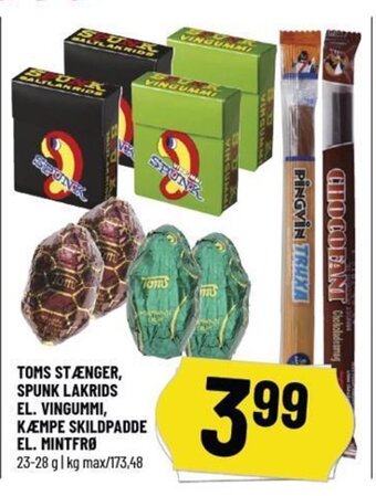 TOMS STÆNGER, SPUNK LAKRIDS EL. VINGUMMI, KÆMPE SKILDPADDE EL. MINTFRØ
