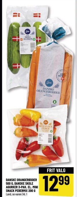 Løvbjerg DANSKE ORANGERØDDER 500 G, DANSKE SKOLE AGURKER 3-PAK. EL. MINI SNACK PEBERMIX 200 G tilbud