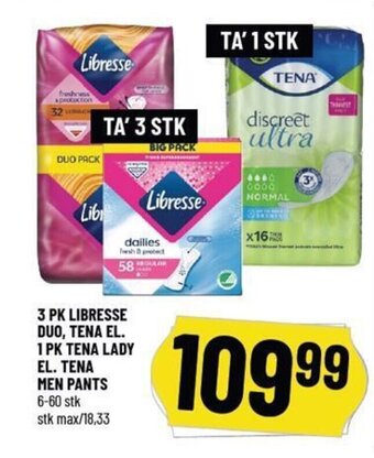 Løvbjerg 3 PK LIBRESSE DUO, TENA EL. 1 PK TENA LADY EL. TENA MEN PANTS tilbud