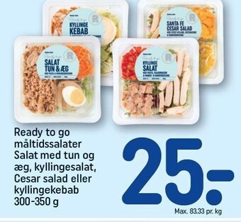 REMA 1000 Ready to go måltidssalater salat med tun og æg, kyllingesalat, cesar salad eller kyllingekebab tilbud