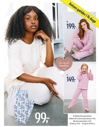 Føtex Natkjole eller pyjamasbukser, natkjole eller ensfarvet pyjamasbukser, mønstret pyjamasbukser, pyjamas tilbud