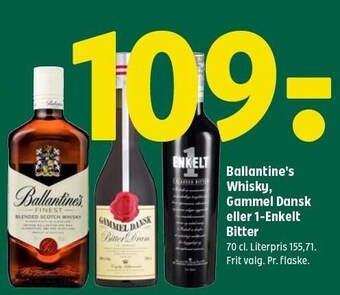 Coop 365 Ballentine's whiskey, gammel dansk eller 1-enkelt bitter 70cl tilbud