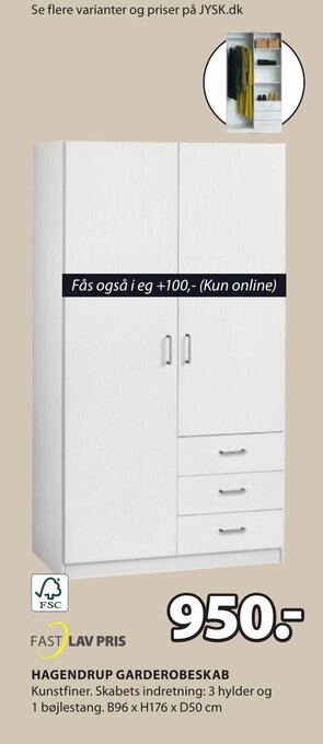 JYSK HAGENDRUP GARDEROBESKAB tilbud