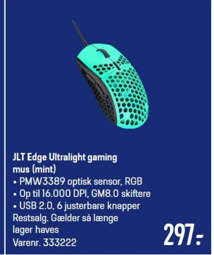 JLT Edge Ultralight gaming mus (mint) tilbud hos Elgiganten