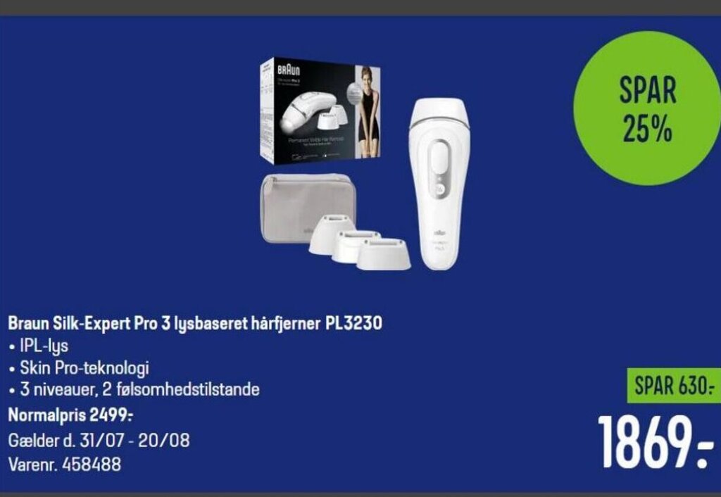 Braun SilkExpert Pro 3 lysbaseret hårfjerner PL3230 tilbud hos Elgiganten