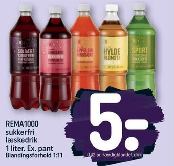 REMA 1000 sukkerfri læskedrik 1 liter. Ex. pant