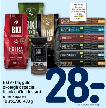 REMA 1000 BKI extra, guld, økologisk special, black coffee instant eller kapsler tilbud