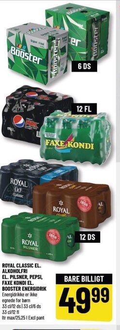 Løvbjerg ROYAL CLASSIC EL. ALKOHOLFRI EL. PILSNER, PEPSI, FAXE KONDI EL. BOOSTER ENERGIDRIK tilbud