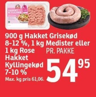 SPAR 900 g Hakket Grisekød 8-12%, 1 kg Medister eller 1 kg Rose PR. PAKKE Hakket Kyllingekød 7-10 % tilbud