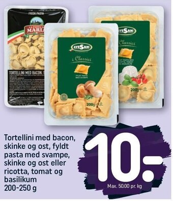 REMA 1000 Tortellini med bacon, skinke og ost, fyldt pasta med svampe, skinke og ost eller ricotta, tomat og basilikum tilbud