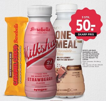 Bodylab bar, barebells bar eller milkshake eller nupo bar eller ready to drink