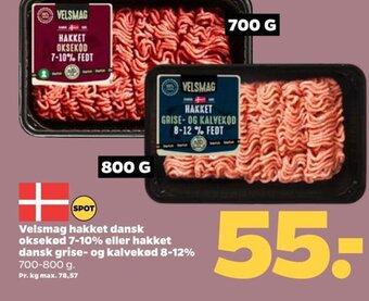 Netto Velsmag hakket dansk oksekød 7-10% eller hakket dansk grise- og kalvekød 8-12% 700-800 g. tilbud