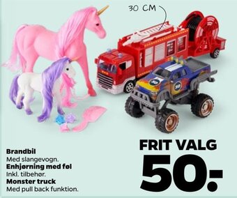 Netto Brandbil Med slangevogn. Enhjørning med føl Inkl. tilbehør. Monster truck Med pull back funktion. tilbud