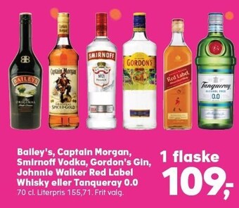 SuperBrugsen Baileys´s, captain morgan, smirnoff vodka, gordons´s gin, johnnie walker red label whisky eller tanqueray 0.0 tilbud