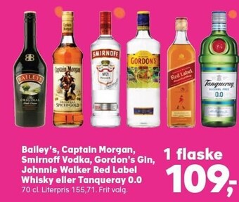 Kvickly Bailey's, captain morgan, smirnoff vodka, gordon's gin, johnnie walker red label whisky eller tanqueray 0.0 tilbud