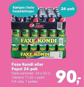Kvickly Faxe kondi eller pepsi 24-pak tilbud
