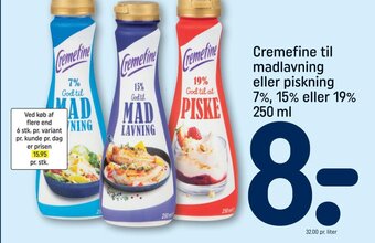 REMA 1000 Cremefine til madlavning eller piskning 7%, 15% eller 19% 250 ml tilbud