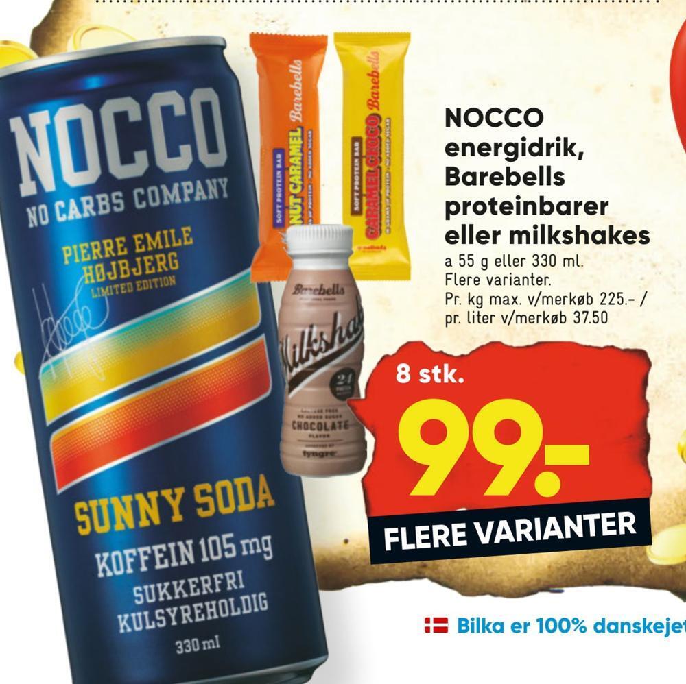 Nocco energidrik, barebells proteinbarer eller milkshakes tilbud hos Bilka