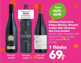 SuperBrugsen Ripasso superiore pagus bisano, mouton cadet eller chateau des coccinelles tilbud