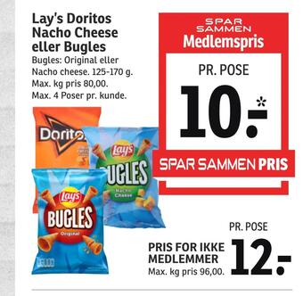 SPAR Lay's doritos nacho cheese eller bugles tilbud