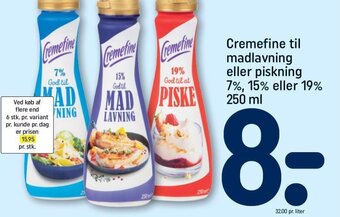 Cremefine til madlavning eller piskning 7%, 15% eller 19% 250 ml